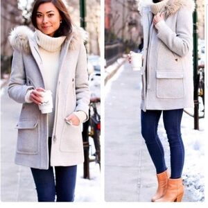 J. Crew Light Gray Coat with Faux Fur Collar